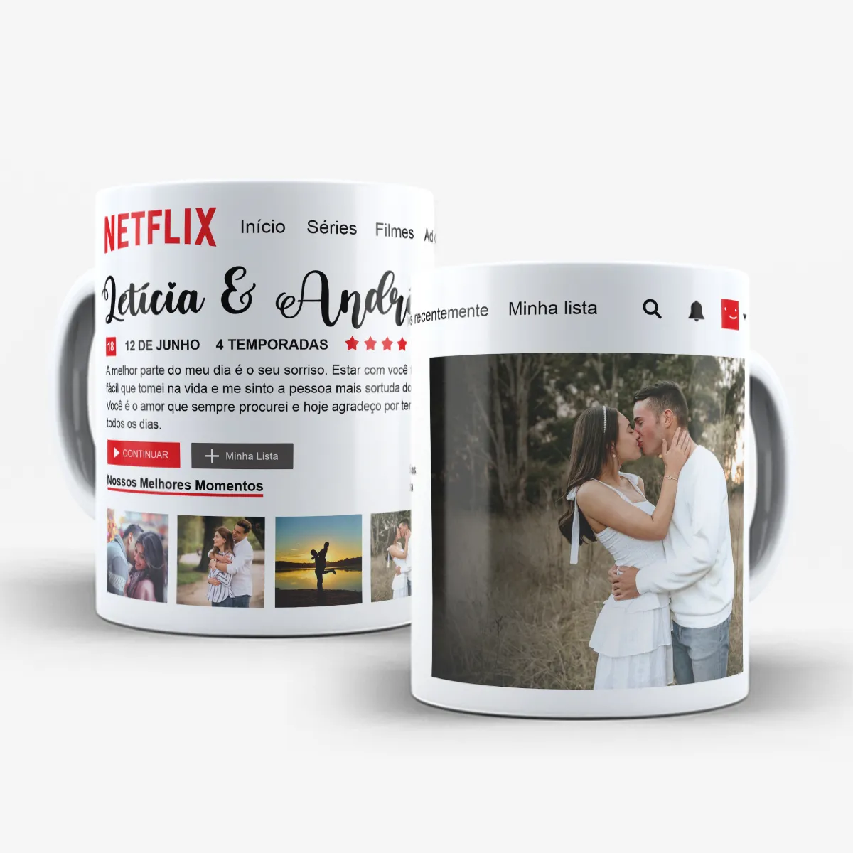 Arte para caneca namorados Netflix com foto e fundo branco simulando tela de streaming com espaço para foto principal, quatro foto menores, nomes e mensagem do casal