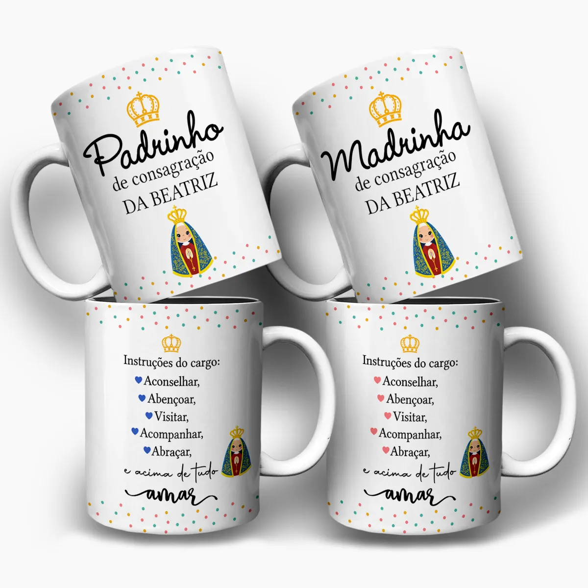 arte para caneca padrinhos de consagração nossa senhora com ilustração de Nossa Senhora, coroa dourada, espaço para nome e frases para padrinho e madrinha