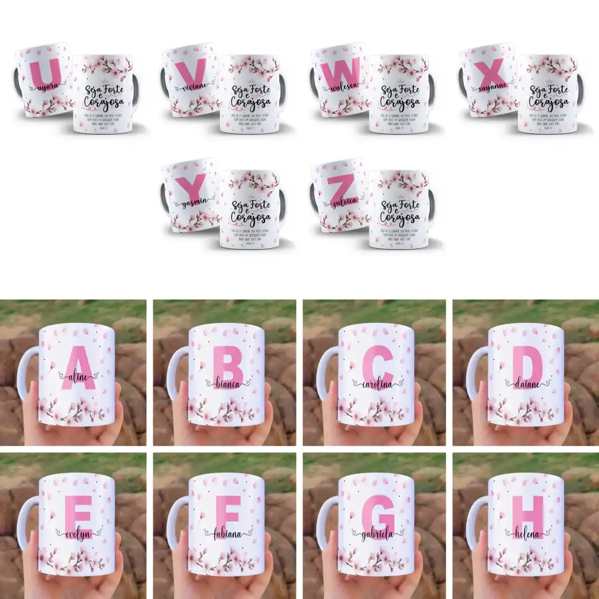 artes para caneca seja forte e corajosa com inicial e nome cerejeira, flores de cerejeiras delicadas e versículo Josué 1:9
