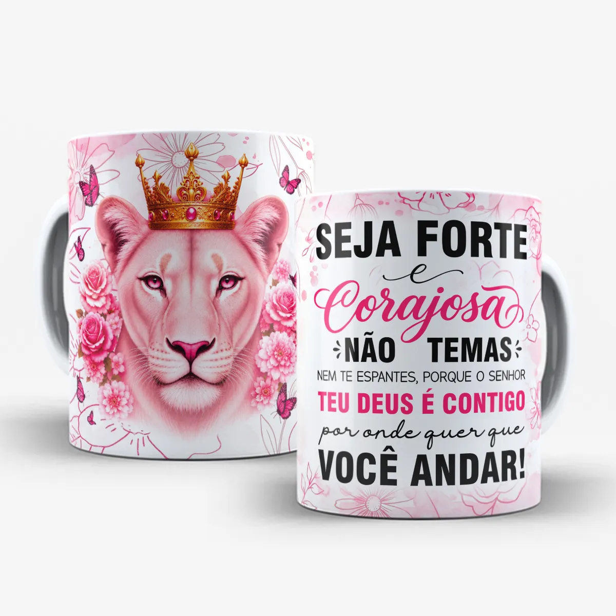 arte para caneca seja forte e corajosa leoa rosa com coroa dourada cercada por flores e borboletas em tons suaves de rosa
