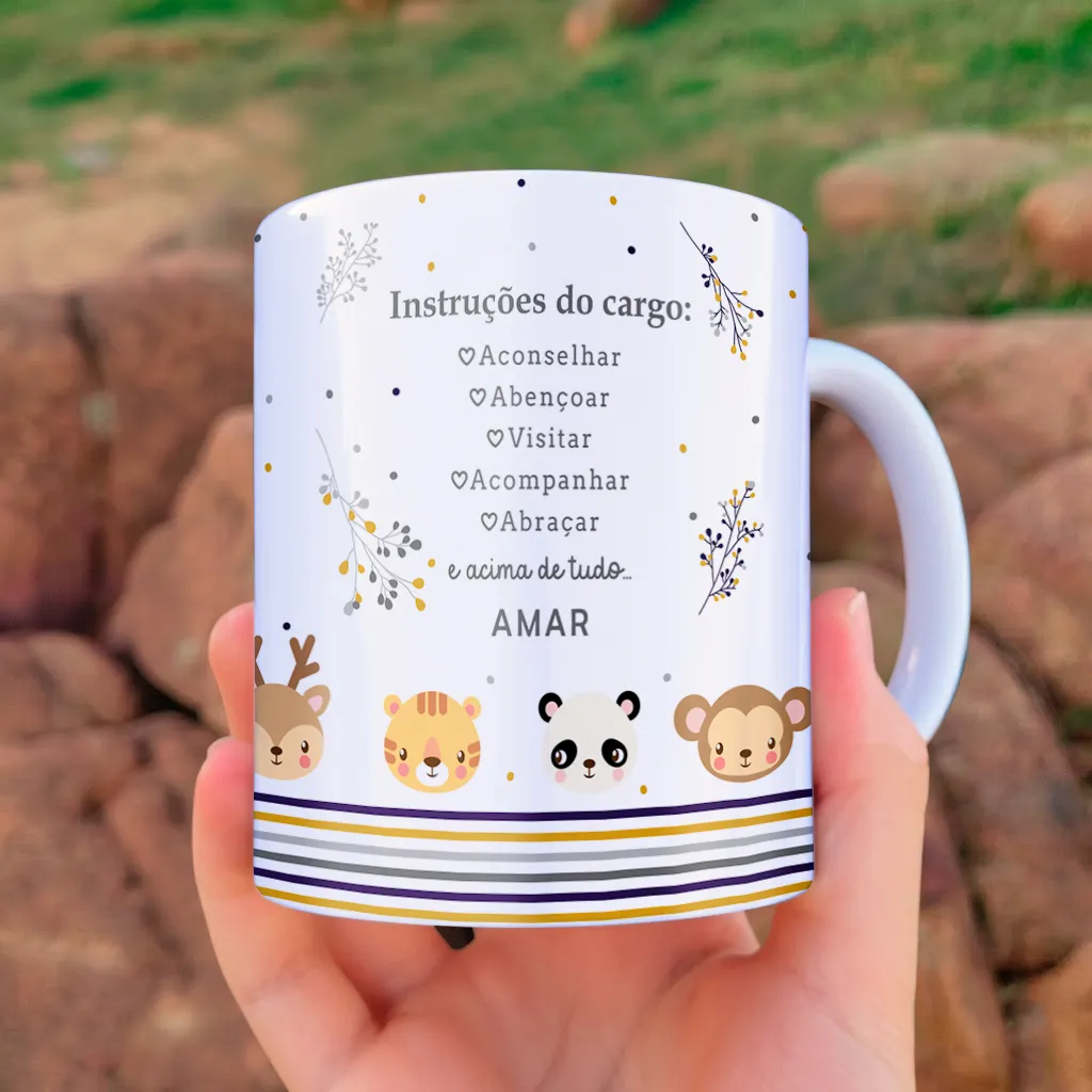 arte para caneca dinda e dindo safari bichinhos com leão, panda e outros animais fofos, frases de instruções do cargo para padrinhos de batismo