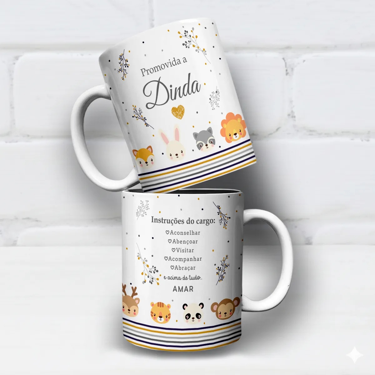 arte para caneca dinda safari bichinhos com leão, panda e outros animais fofos, frases de instruções do cargo para padrinhos de batismo