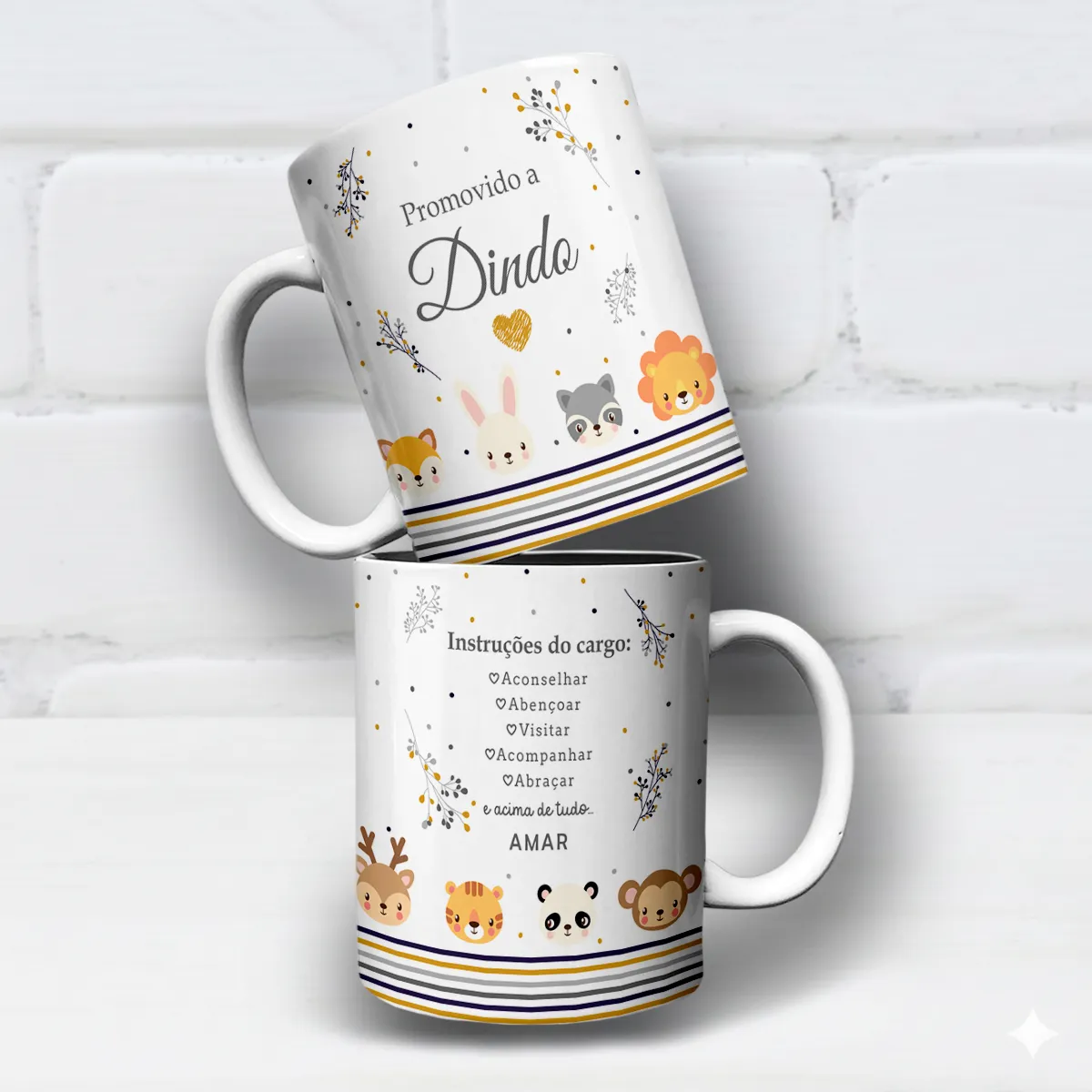 arte para caneca dindo safari bichinhos com leão, panda e outros animais fofos, frases de instruções do cargo para padrinhos de batismo