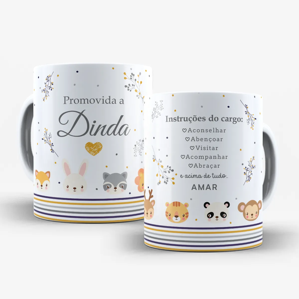 arte para caneca dinda safari bichinhos com leão, panda e outros animais fofos, frases de instruções do cargo para padrinhos de batismo