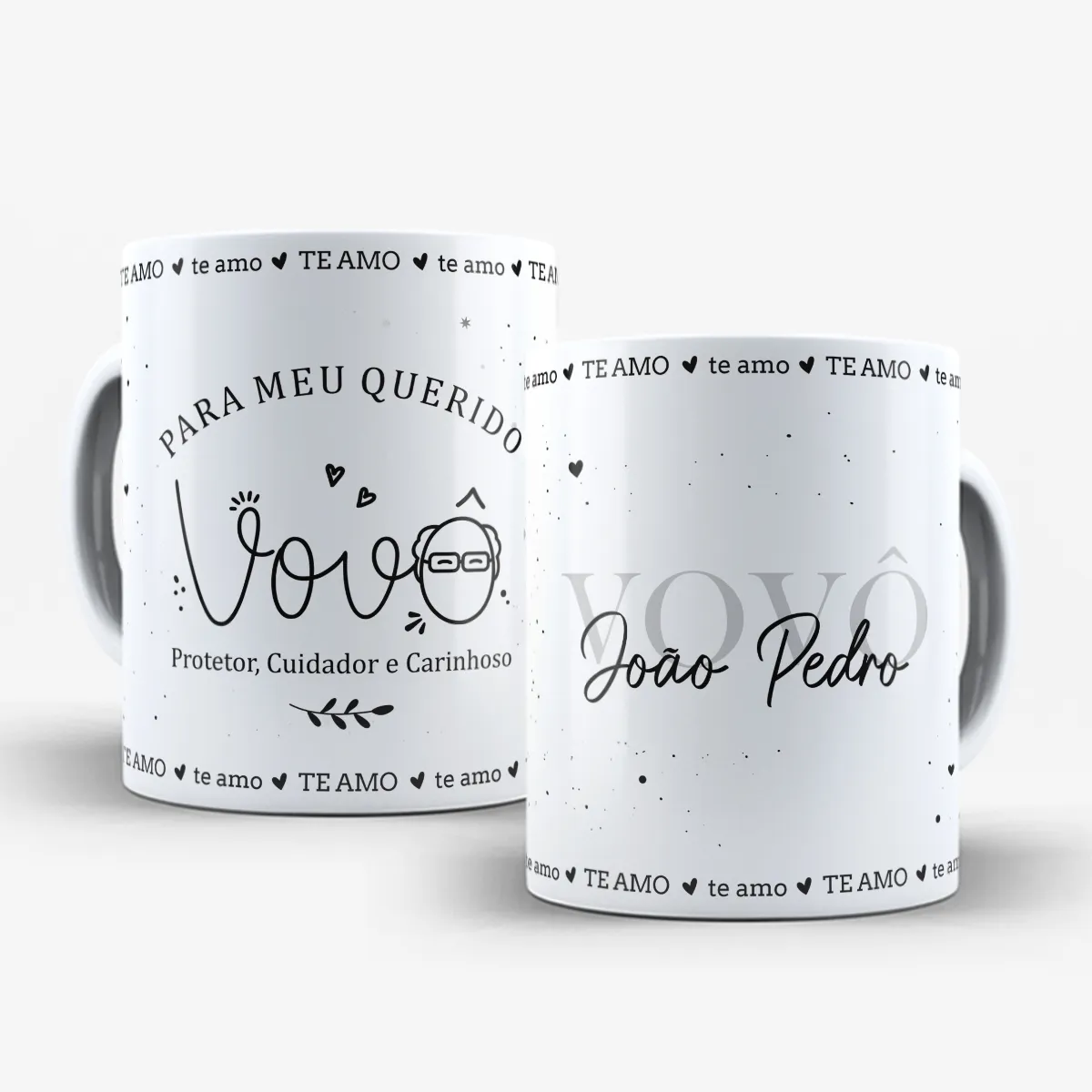 arte para caneca vovô te amo com nome, decorada com corações, pontinhos e a frase "para meu querido vovô"
