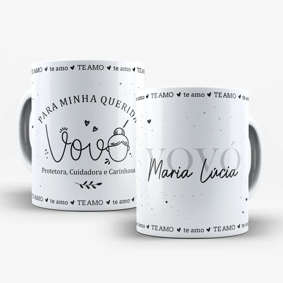 arte para caneca vovó te amo com nome, decorada com corações, pontinhos e a frase "para minha querida vovó"