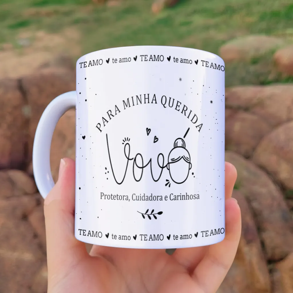 arte para caneca vovó te amo, decorada com corações, pontinhos e a frase "para minha querida vovó"