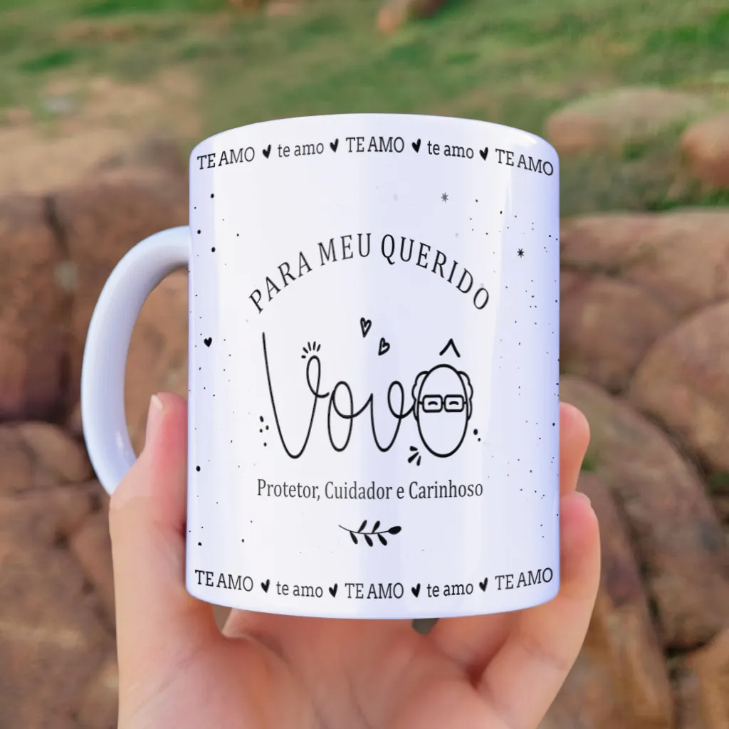 arte para caneca vovô te amo, decorada com corações, pontinhos e a frase "para meu querido vovô"