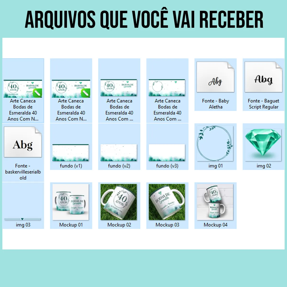 arquivos da arte para caneca 40 anos de casados bodas de esmeralda com esmeralda, folhas, corações, fundo aquarela verde e espaço para nomes e data