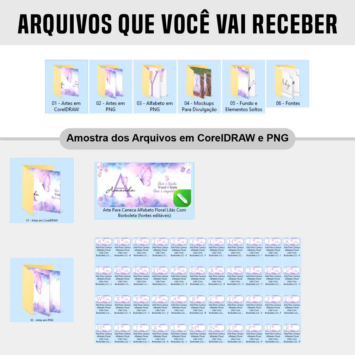 arquivos da arte para caneca alfabeto floral lilás borboleta com inicial e nome, flores e borboletas nas bordas, frase motivacional para amiga e espaço para nome