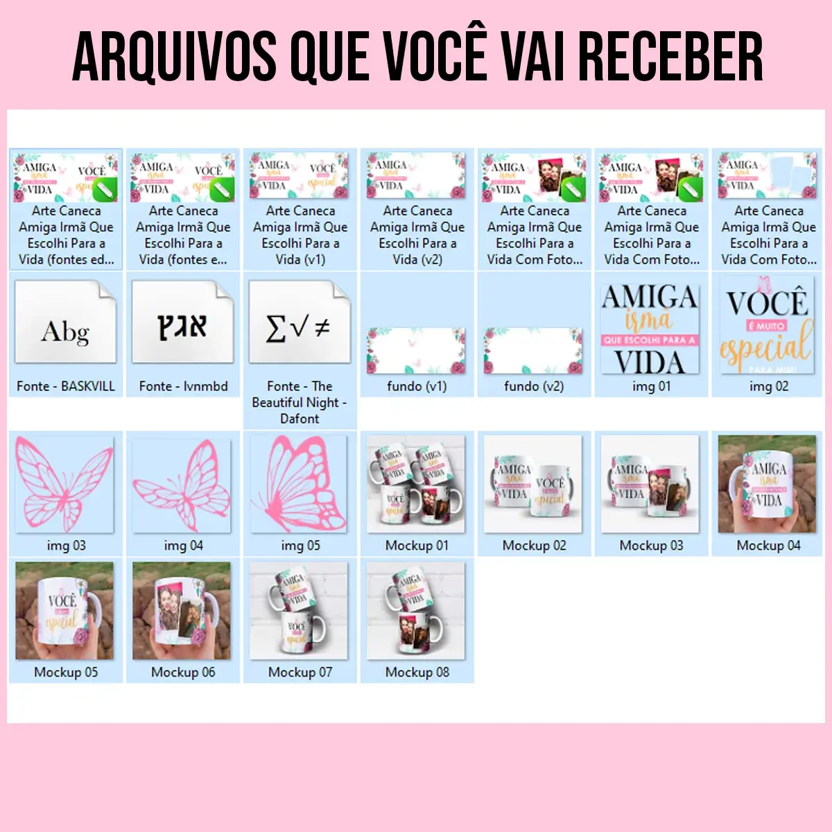 arquivos da arte para caneca amiga irmã que escolhi para a vida, com flores, folhas e borboletas em tons suaves e espaço para personalização com duas fotos