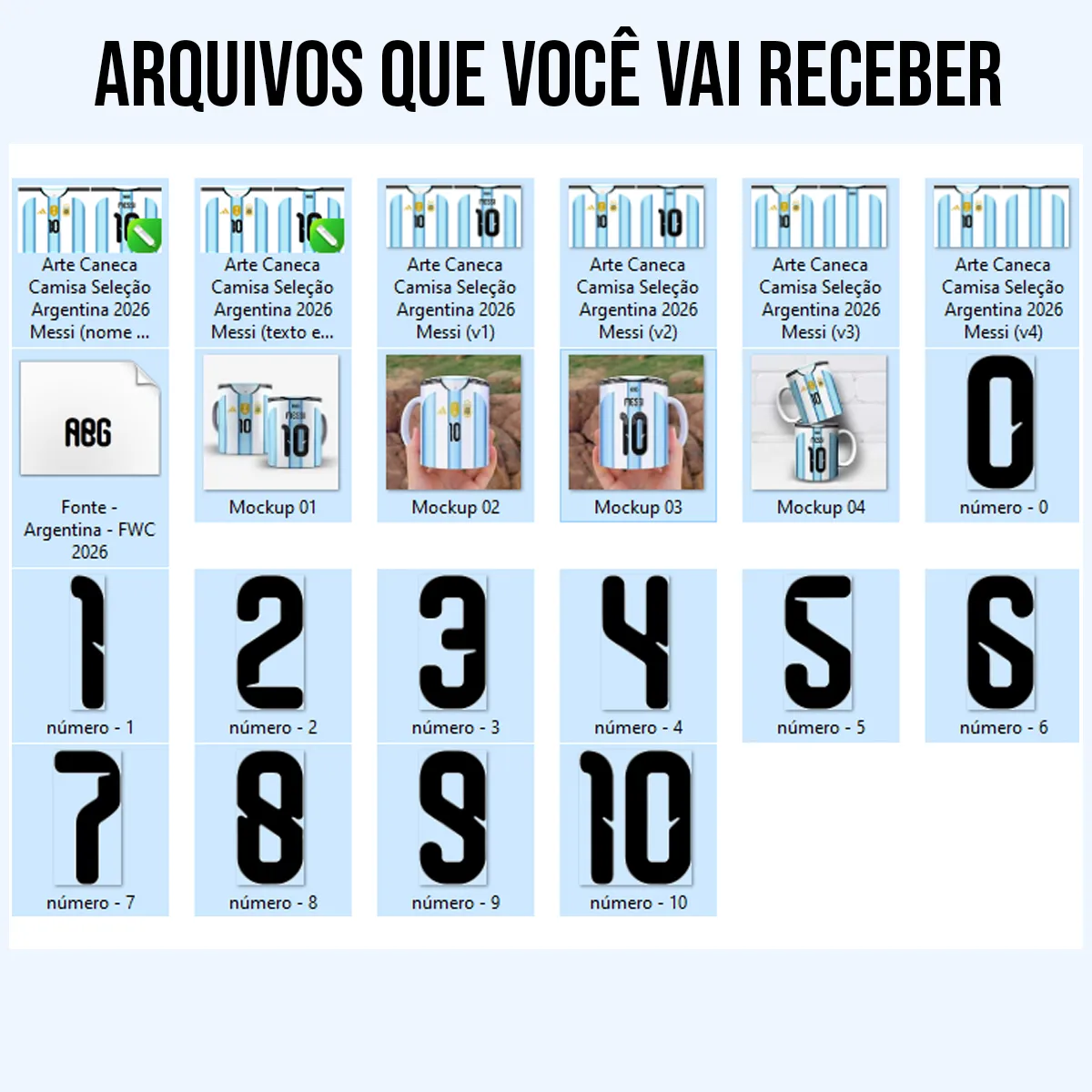 arquivos da arte para caneca camisa Argentina 2026 Messi com listras azul claro e branco, número 10, escudo e selo de campeã mundial 2022