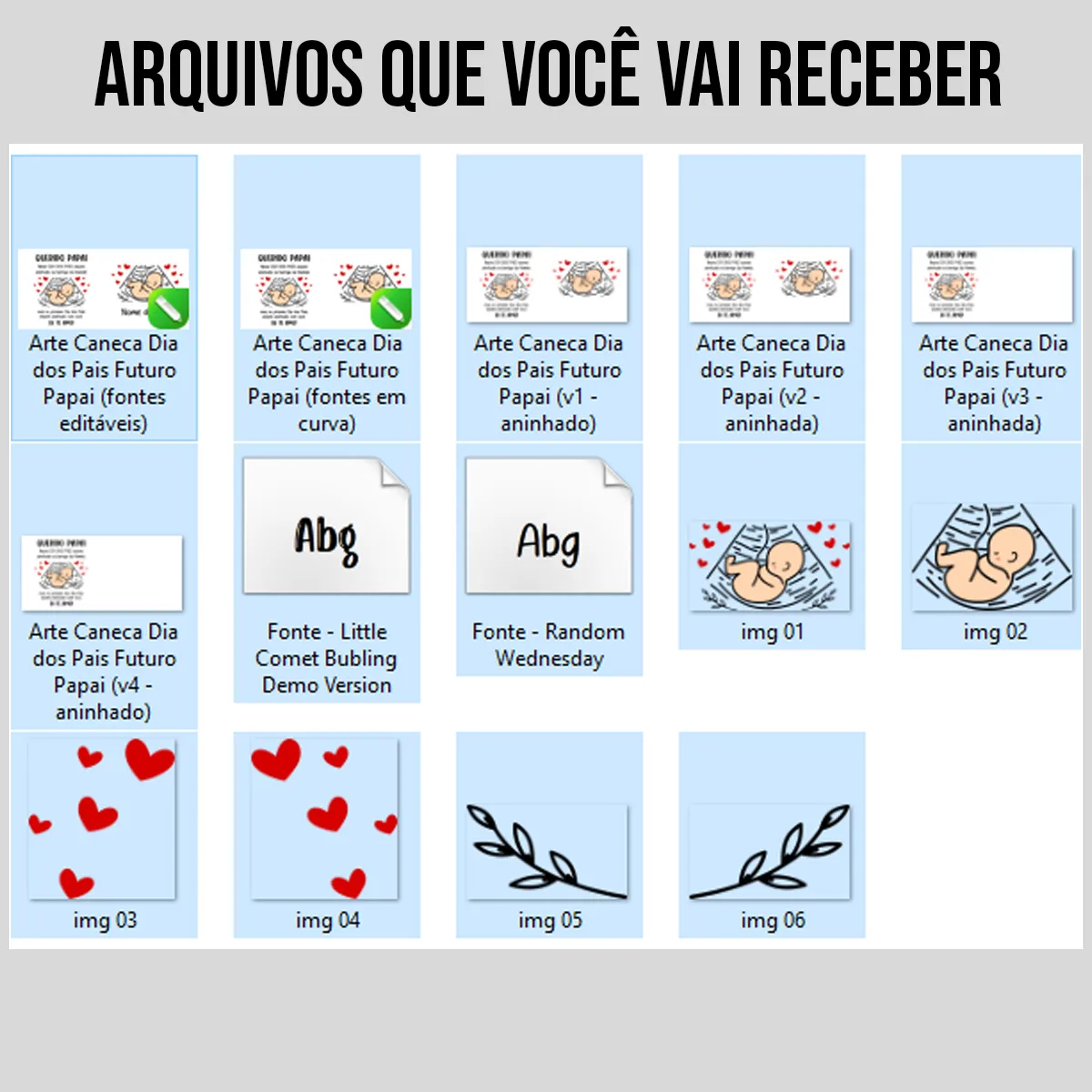 arquivos da arte para caneca futuro papai Dia dos Pais com nome, bebê na barriga cercado de corações, mensagem para o papai e espaço para nome do bebê