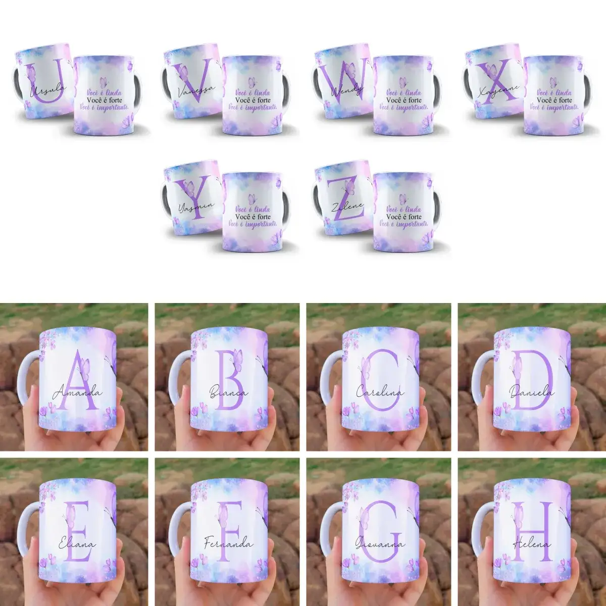 arte para caneca alfabeto floral lilás borboleta com inicial e nome, flores e borboletas nas bordas, frase motivacional para amiga e espaço para nome