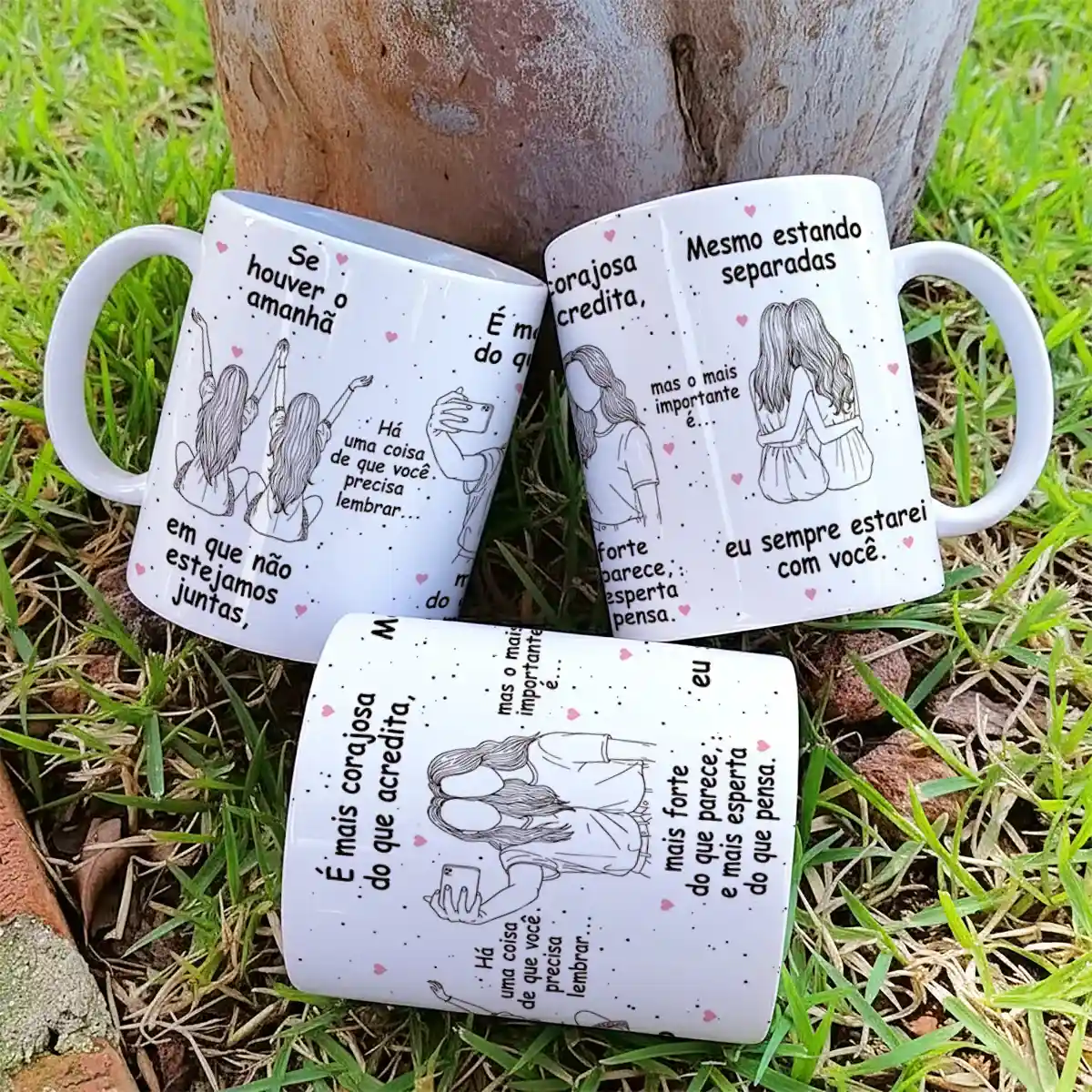 arte para caneca amiga se houver o amanhã, com ilustrações de duas amigas e frase sobre amizade