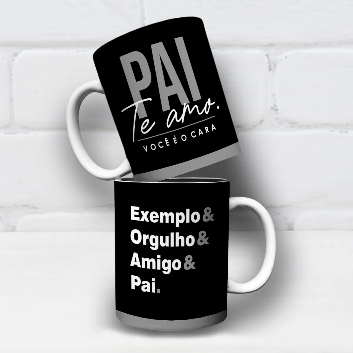 arte para caneca dia dos pais pai te amo você é o cara, fundo preto e frase ""Exemplo & Orgulho & Amigo & Pai".