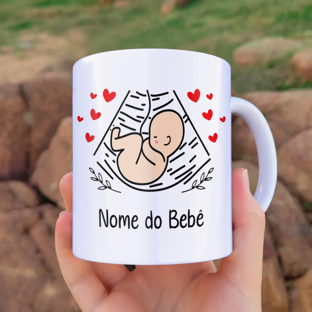 arte para caneca futuro papai Dia dos Pais com nome, bebê na barriga cercado de corações e espaço para nome do bebê