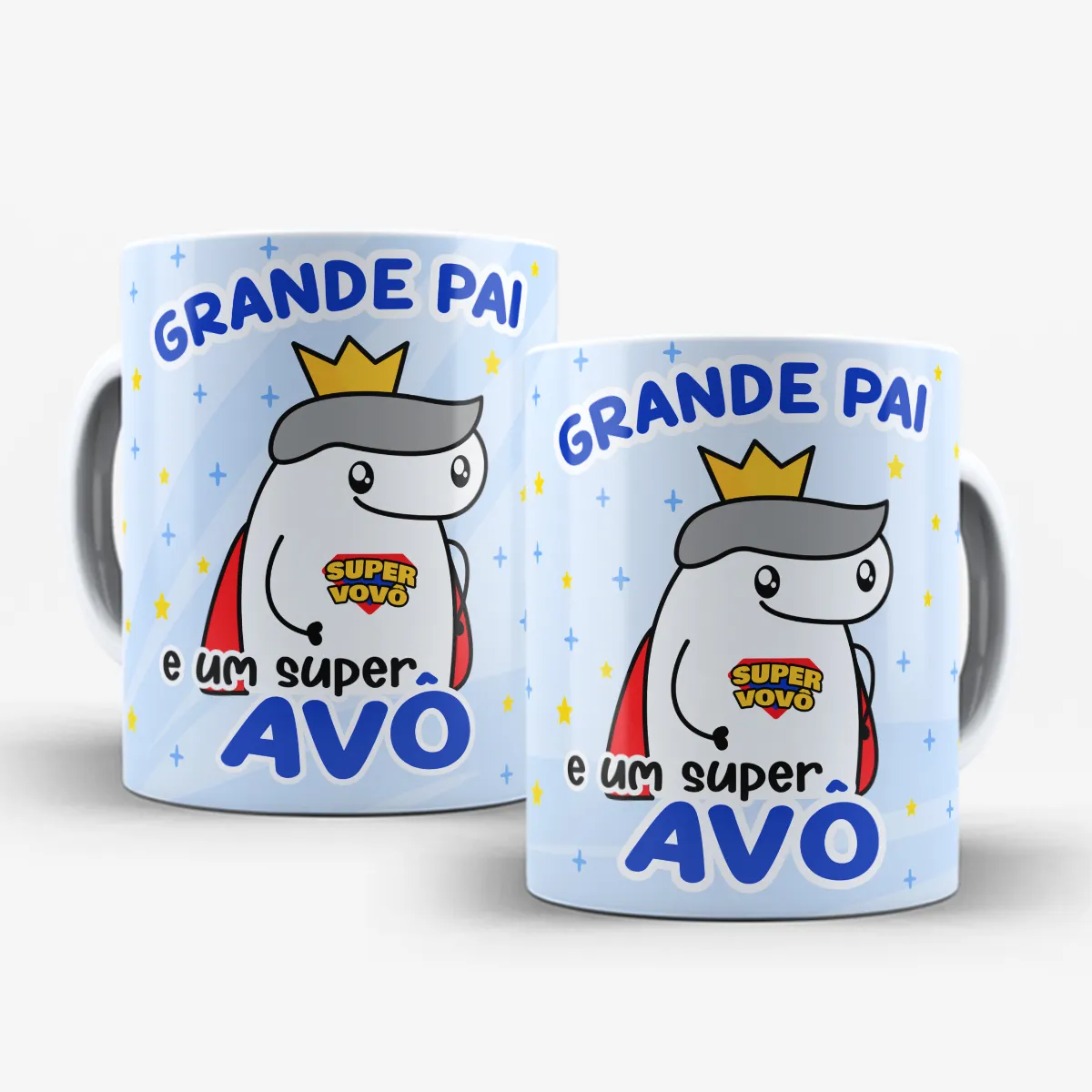arte para caneca grande pai e um super avô dia dos pais com Flork usando coroa e capa vermelha, frase "grande pai e um super avô"
