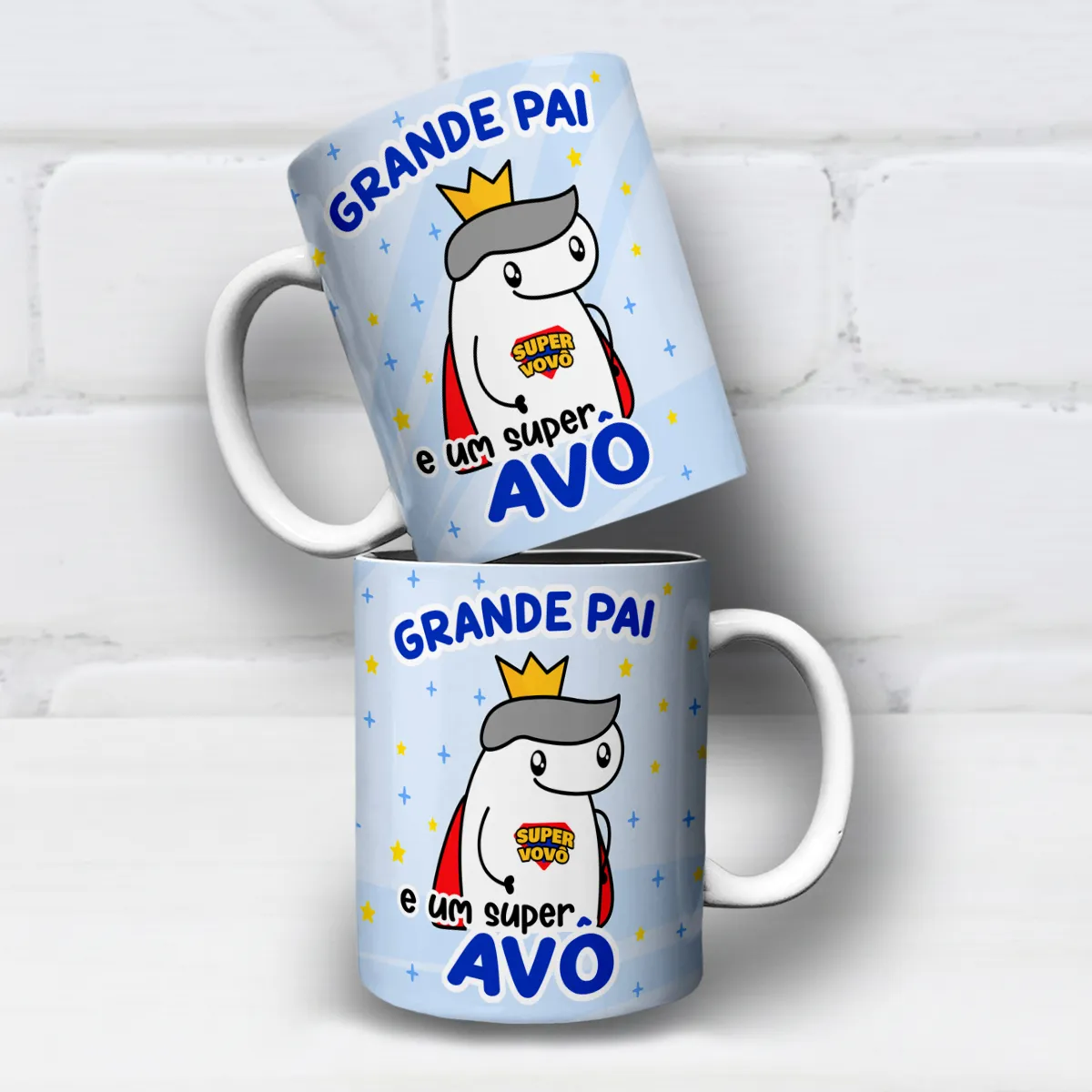 arte para caneca grande pai e um super avô dia dos pais com Flork usando coroa e capa vermelha, frase "grande pai e um super avô"