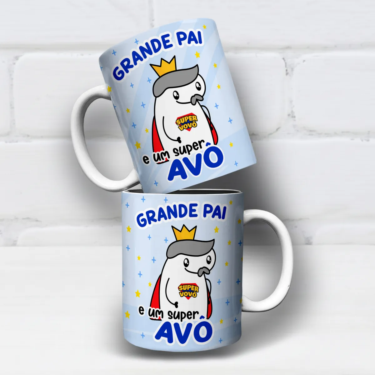 arte para caneca grande pai e um super avô dia dos pais com Flork usando coroa e capa vermelha, frase "grande pai e um super avô"