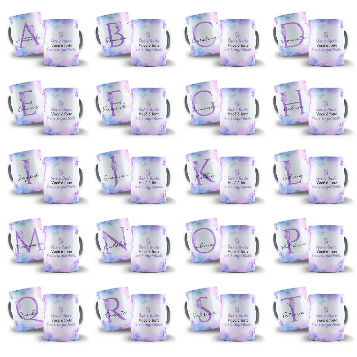 arte para caneca alfabeto floral lilás borboleta com inicial e nome, flores e borboletas nas bordas, frase motivacional para amiga e espaço para nome