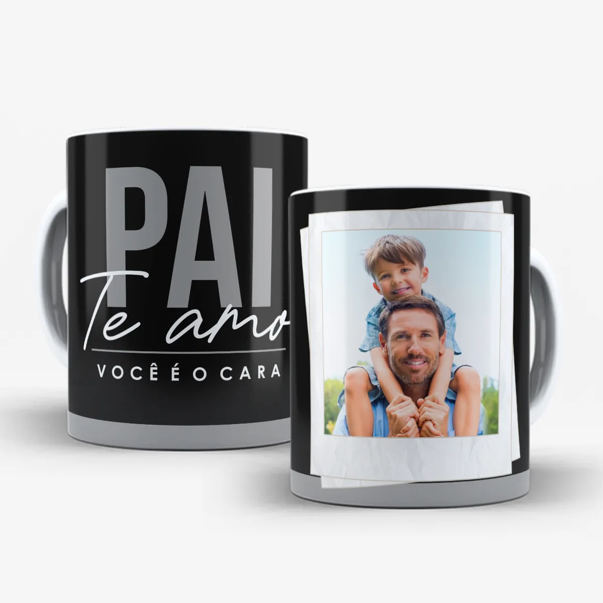 arte para caneca dia dos pais pai te amo você é o cara, fundo preto, moldura para foto do papai personalizável
