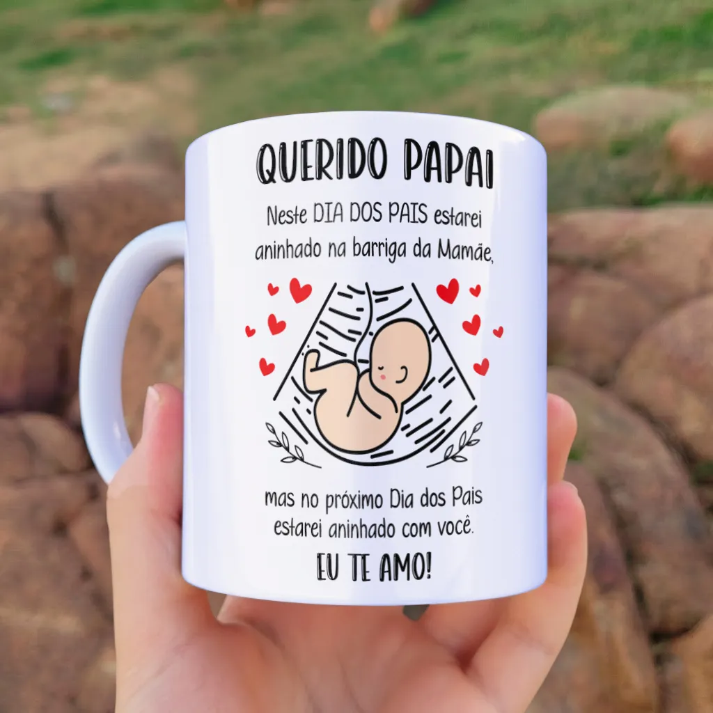 arte para caneca futuro papai Dia dos Pais com nome, bebê na barriga cercado de corações e mensagem para o papai