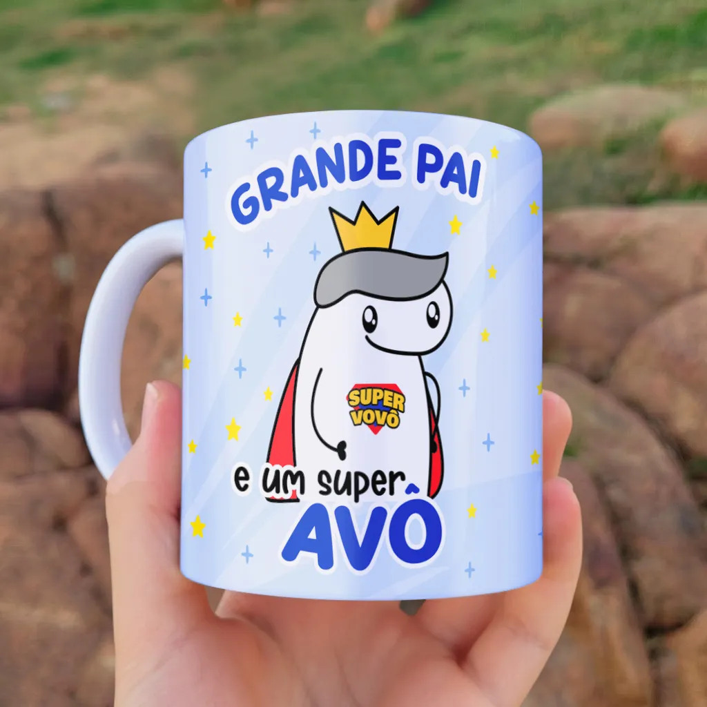 arte para caneca grande pai e um super avô dia dos pais com Flork usando coroa e capa vermelha, frase "grande pai e um super avô"