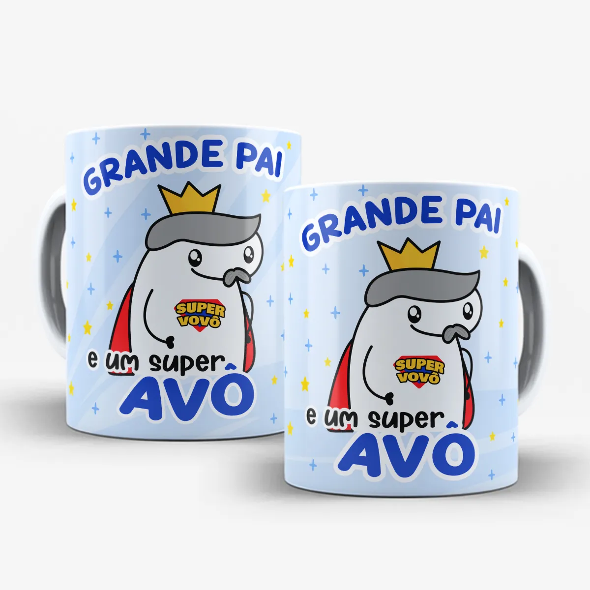 arte para caneca grande pai e um super avô dia dos pais com Flork usando coroa e capa vermelha, frase "grande pai e um super avô"