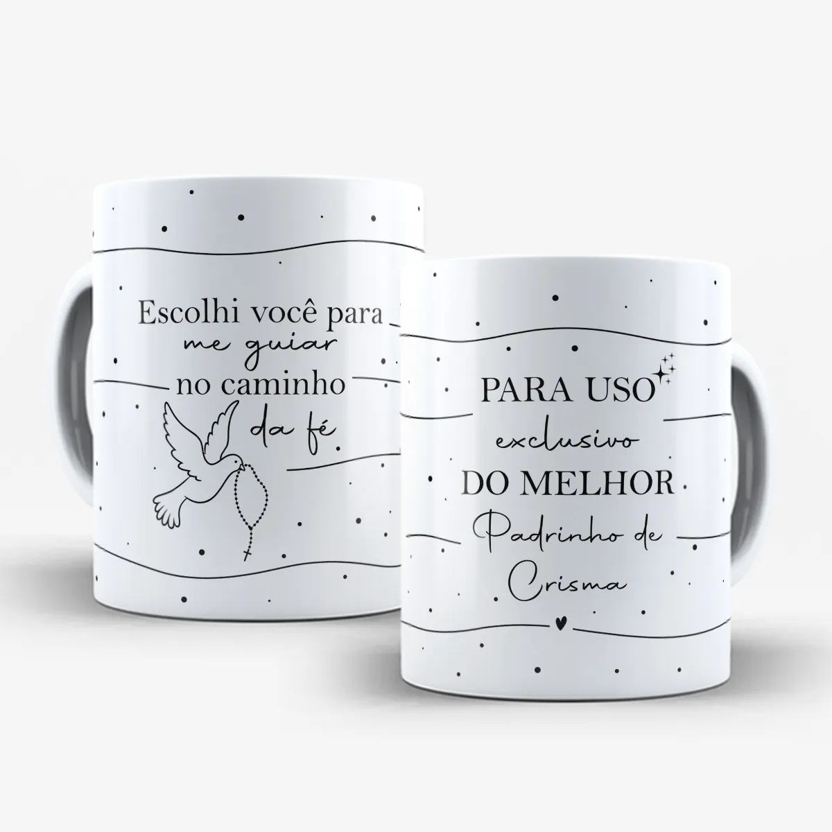 arte para caneca padrinho de crisma caminho da fé com pomba segurando terço e frase de fé