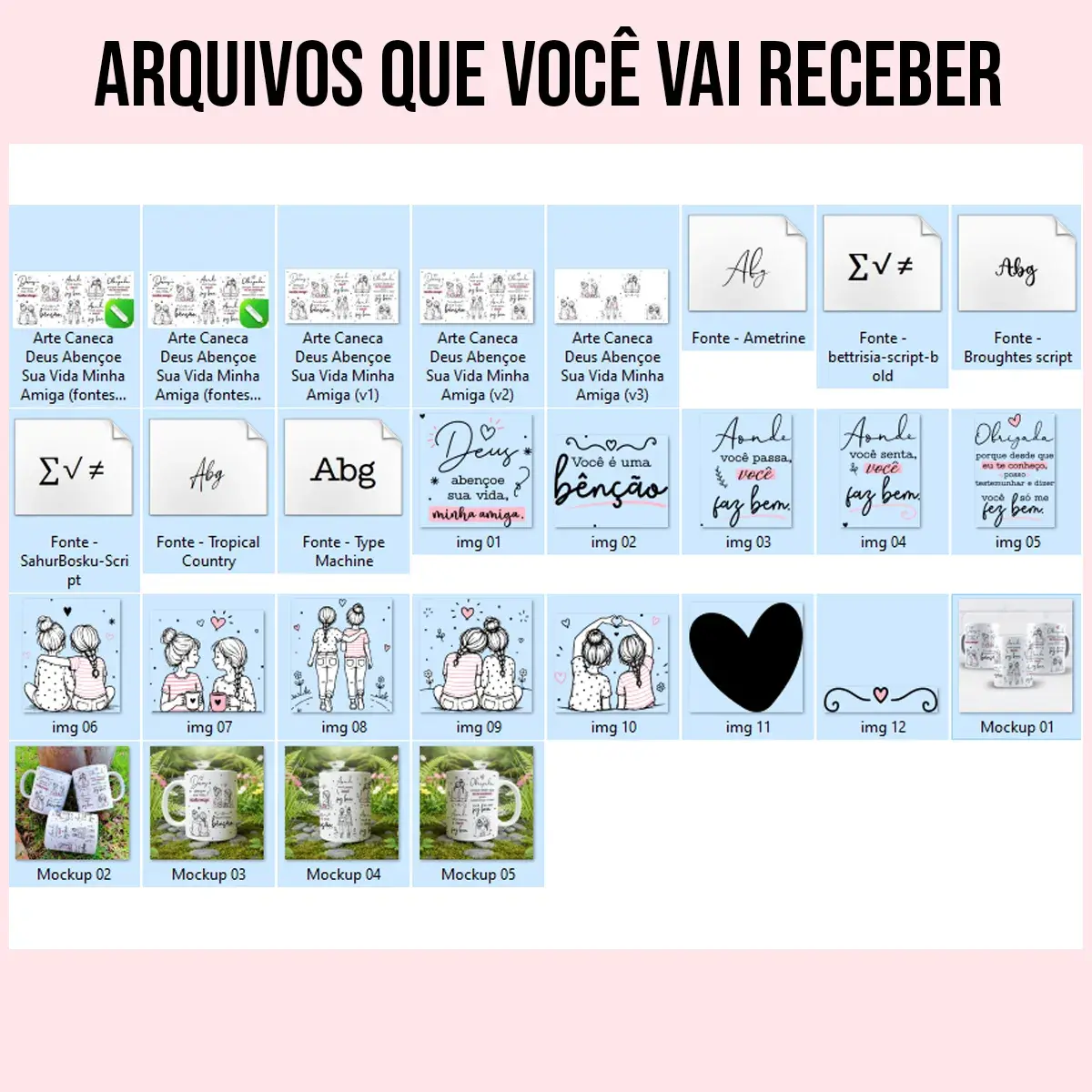 arquivos da arte para caneca Deus abençoe sua vida minha amiga: ilustrações de duas amigas com corações em preto e rosa e frase de gratidão e amizade