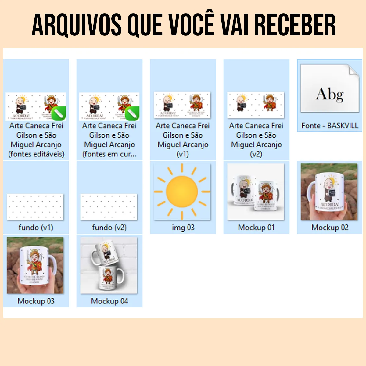 arquivos da arte para caneca frei gilson e são miguel arcanjo, ilustração fofa segurando relógio 4:00 AM, arcanjo com espada e escudo, corações no fundo e frases religiosas