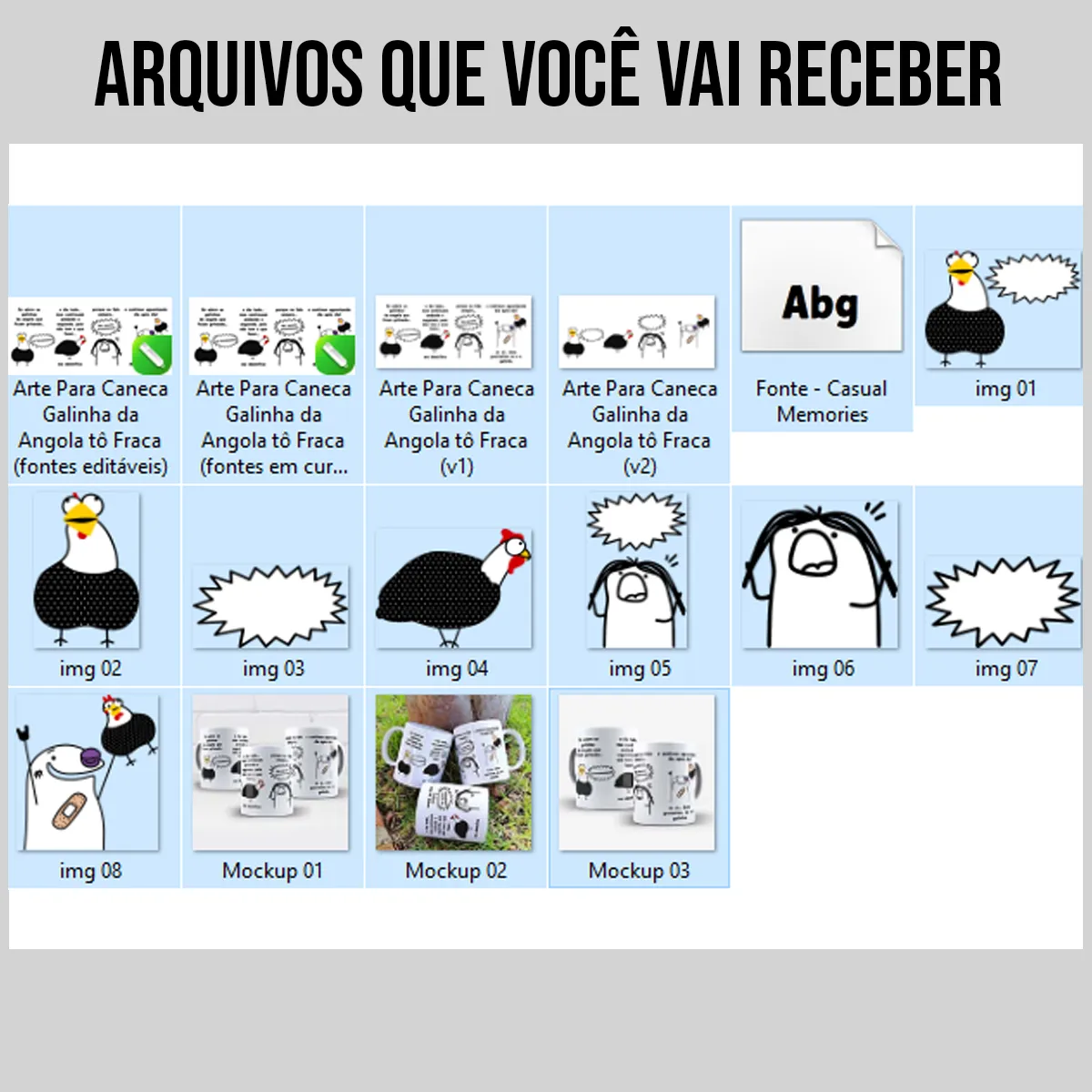 arquivos da arte para caneca galinha da angola tô fraca, com galinhas em situações engraçadas e frases de humor sobre cansaço e identificação do dia a dia