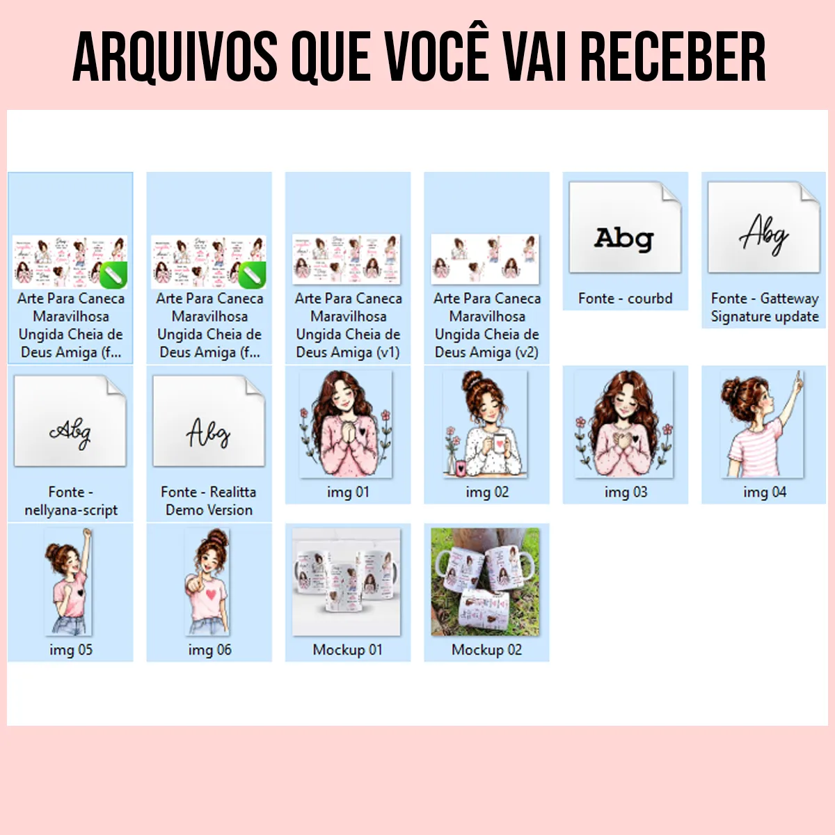 arquivos da arte para caneca maravilhosa ungida cheia de deus amiga, com ilustrações de mulheres, flores, corações e mensagens de fé para uma amiga especial