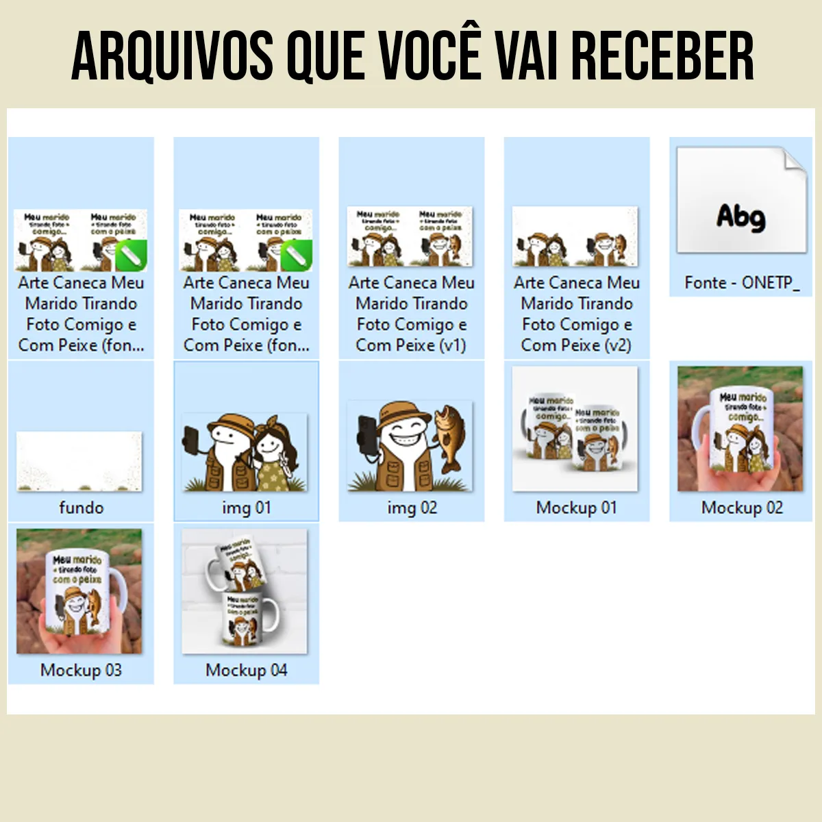 arquivos arte para caneca meu marido tirando foto com o peixe e comigo, com personagens Flork em duas cenas: uma com a esposa e outra com o peixe pescado