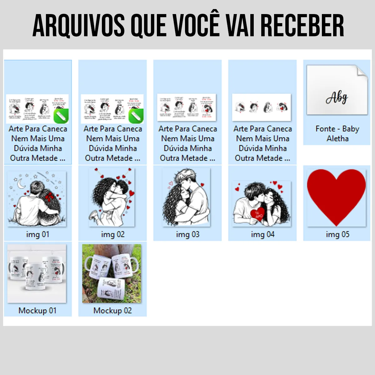 arquivos da arte para caneca nem mais uma dúvida minha outra metade é você: casal abraçado, corações vermelhos ao redor, texto manuscrito com "Te amo" em destaque