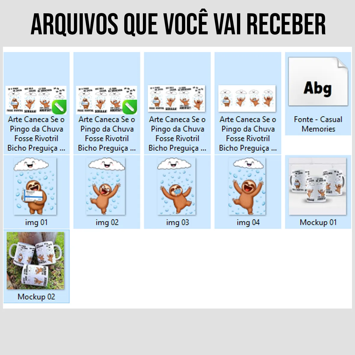 arquivos da arte para caneca se o pingo da chuva fosse Rivotril bicho preguiça, com bichos-preguiça em meio a gotas de chuva e frases bem humoradas e divertidas
