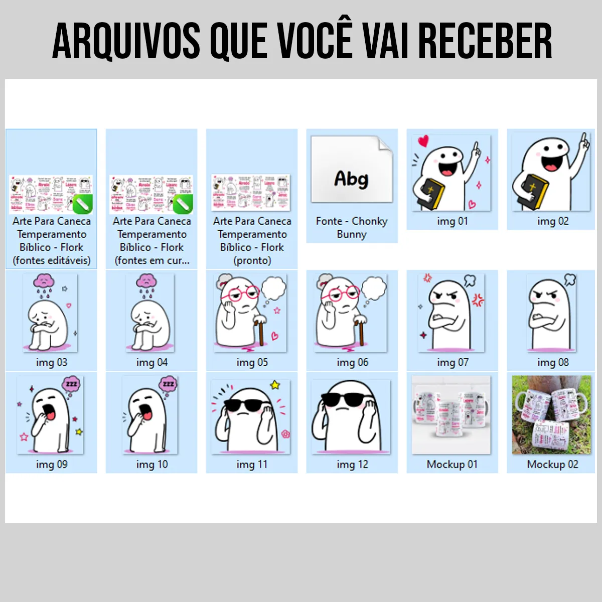 arquivos da arte para caneca temperamento bíblico Flork com personagens em situações do cotidiano e frases de humor comparando temperamentos a personagens bíblicos