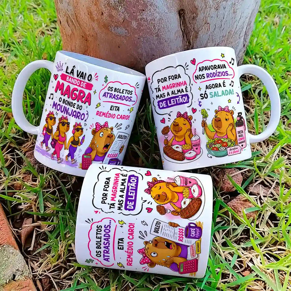 arte para caneca capivara bando de magra bonde do mounjaro, com frases de humor sobre dieta, boletos e rodízios entre amigas emagrecendo