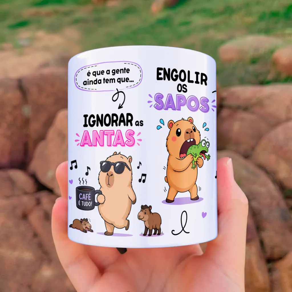 arte para caneca capivara se fosse só matar um leão por dia, com desenhos de capivaras e frases divertidas