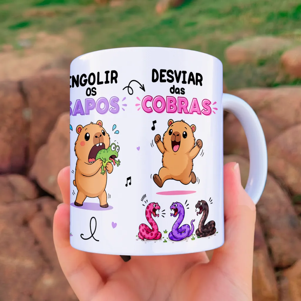 arte para caneca capivara se fosse só matar um leão por dia, com desenhos de capivaras e frases divertidas