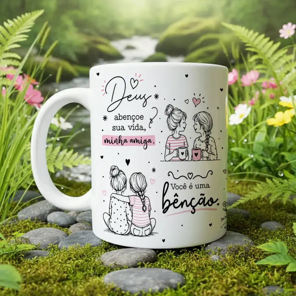 arte para caneca Deus abençoe sua vida minha amiga: ilustrações de duas amigas com corações em preto e rosa e frase de gratidão e amizade