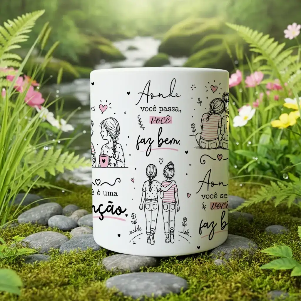 arte para caneca Deus abençoe sua vida minha amiga: ilustrações de duas amigas com corações em preto e rosa e frase de gratidão e amizade