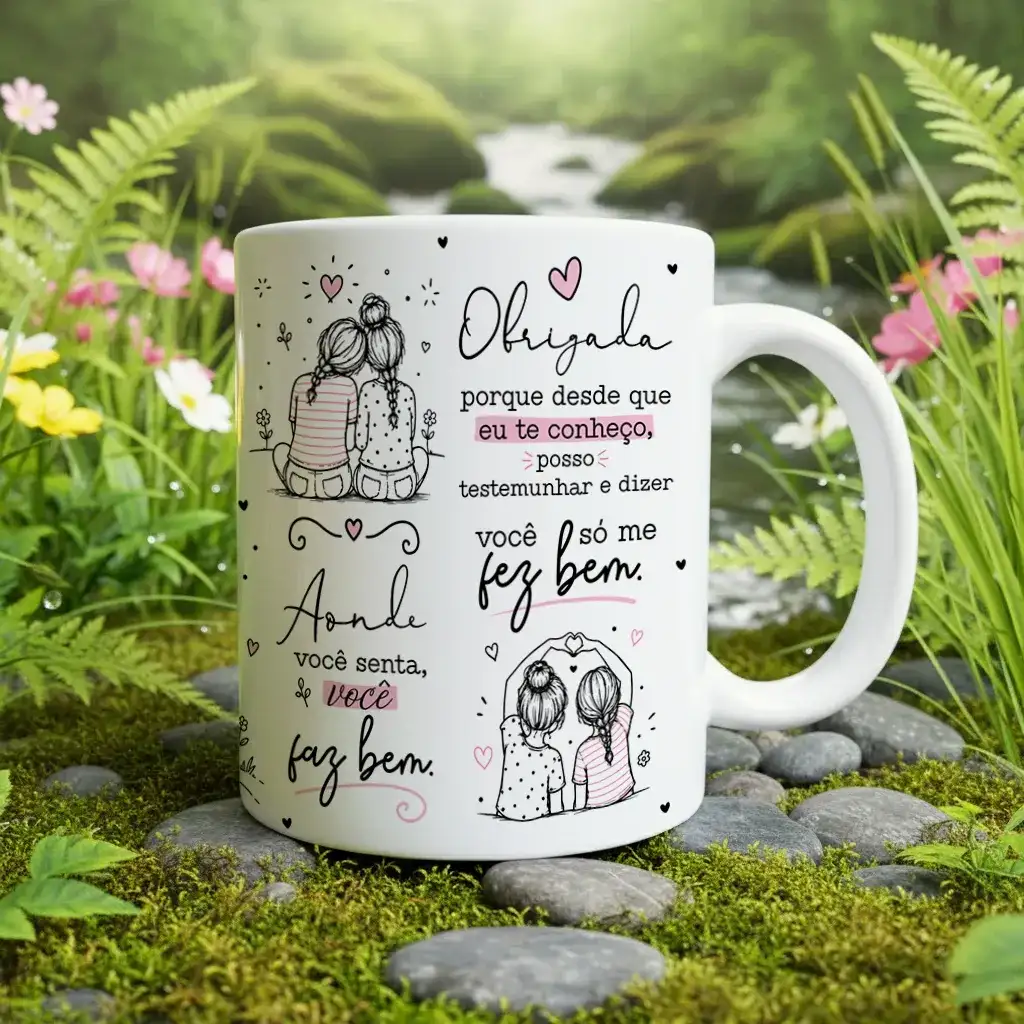 arte para caneca Deus abençoe sua vida minha amiga: ilustrações de duas amigas com corações em preto e rosa e frase de gratidão e amizade