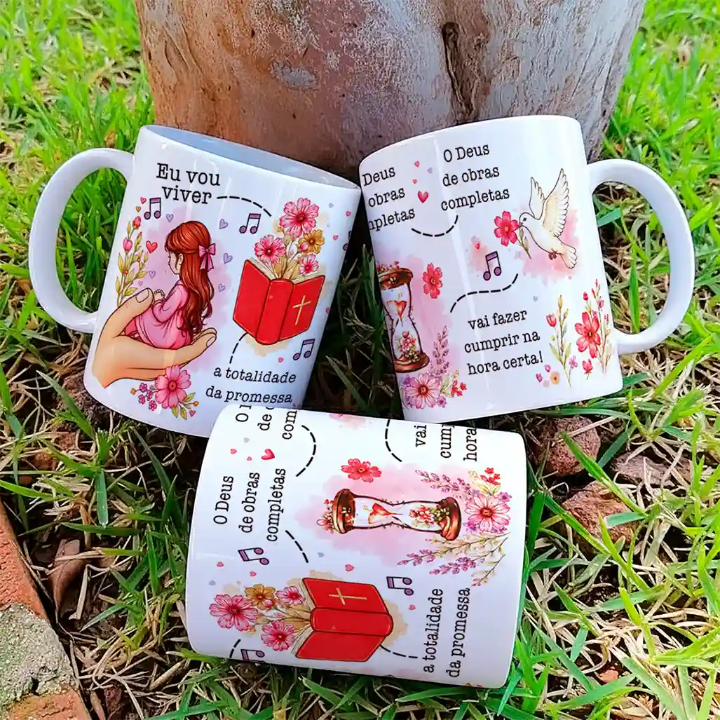 arte para caneca eu vou viver a totalidade da promessa deus de obras completas: menina em oração, Bíblia vermelha com cruz, ampulheta e pomba, elementos florais