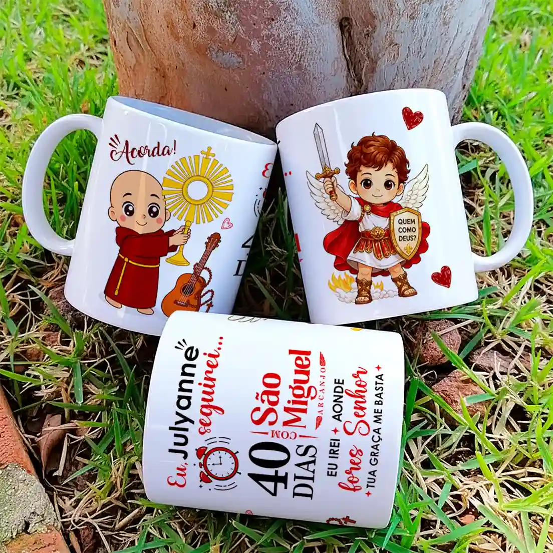 arte para caneca Frei Gilson 40 dias com São Miguel Arcanjo, com as frases "Eu, seguirei..." e "40 dias com São Miguel Arcanjo", personalizável com nome