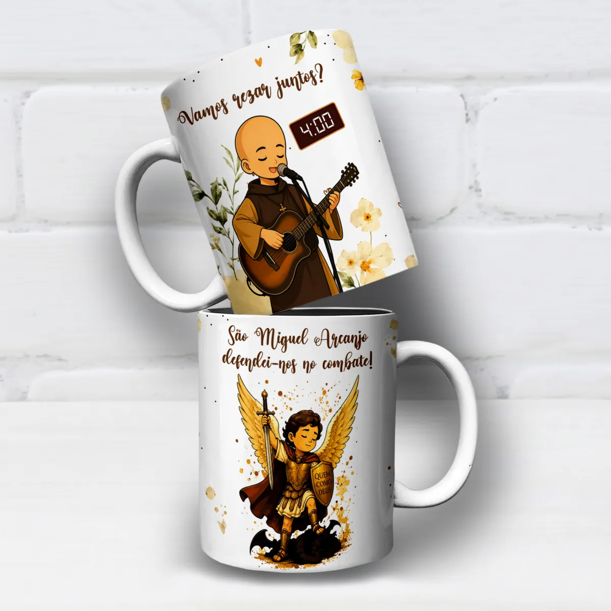arte para caneca Frei Gilson e São Miguel Arcanjo Vamos Rezar Juntos: Frei Gilson toca violão às 4h com "Vamos rezar juntos?" e São Miguel Arcanjo com espada, escudo e asas