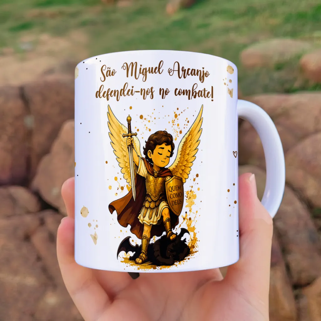 arte para caneca Frei Gilson e São Miguel Arcanjo Vamos Rezar Juntos: São Miguel Arcanjo com espada, escudo e asas