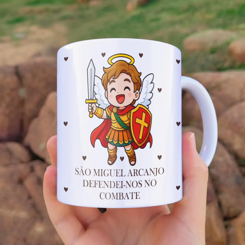 arte para caneca frei gilson e são miguel arcanjo, ilustração fofa do arcanjo miguel com espada e escudo, corações no fundo e frase religiosa