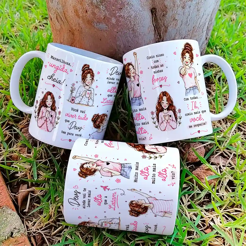 arte para caneca maravilhosa ungida cheia de deus amiga, com ilustrações de mulheres, flores, corações e mensagens de fé para uma amiga especial